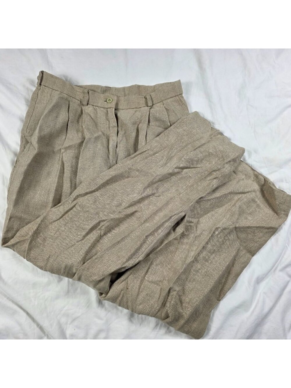 Vintage Eileen Fisher Linen Pants Womens Medium Beige Pleated Straight Leg